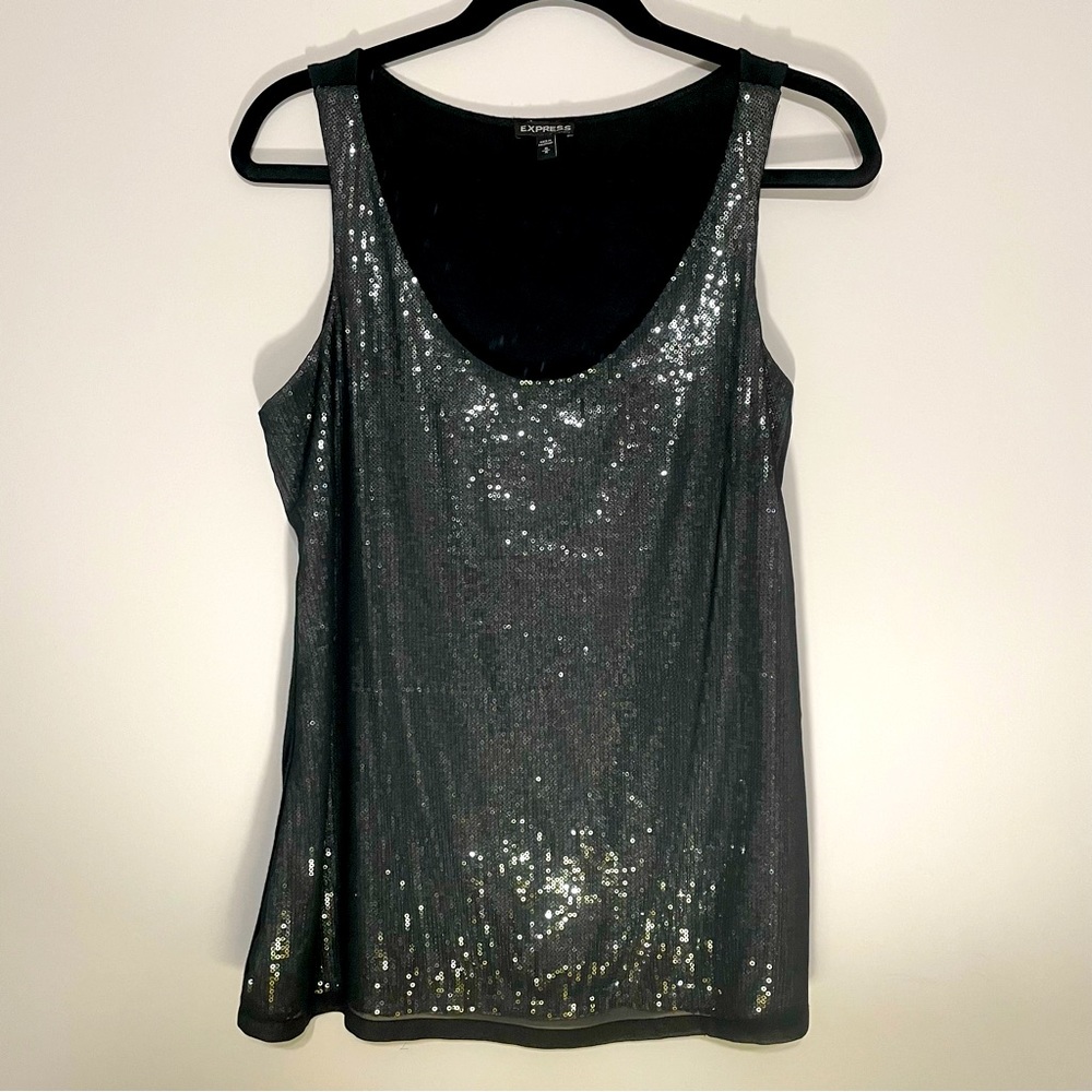 Express medium black silver sheer layered sequin party tank top blouse